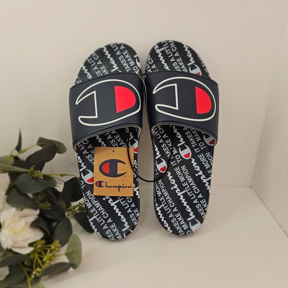 Champion Mens Slide Sandals Navy & Red Logo Size 13 Durable Comfort NWT - Picture 1 of 7